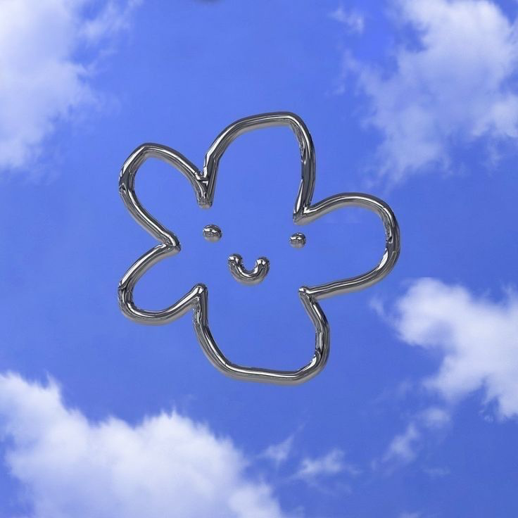 A smiling chrome flower floating in a bright blue sky with fluffy clouds
